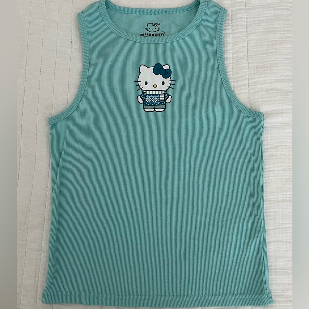Aeropostale Hello Kitty Turquoise Blue Aqua Ribbed Tank Top Sz Jrs M/Girls S NWT